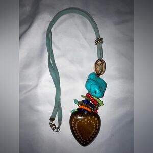 BOHO HUGE TURQUOISE PENDANT WOODEN HEART PENDANT MULTICOLORED BEAD NECKLACE 22”